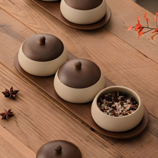 Porcelain Bowl Set 3 Pieces With Wooden Base